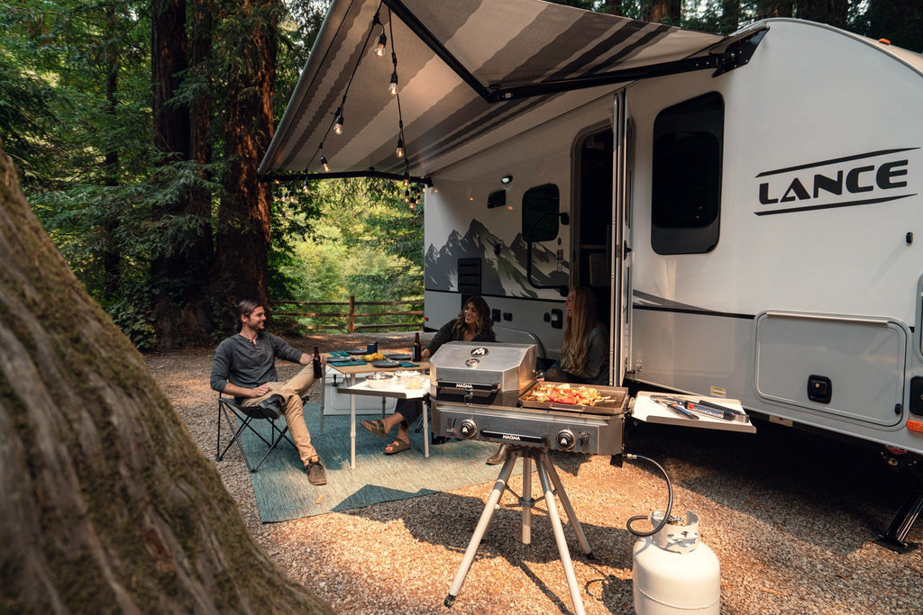 RV scene with crossover double burner grill