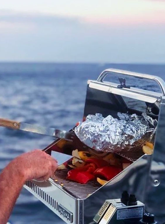 vegetables on the grill on the boat